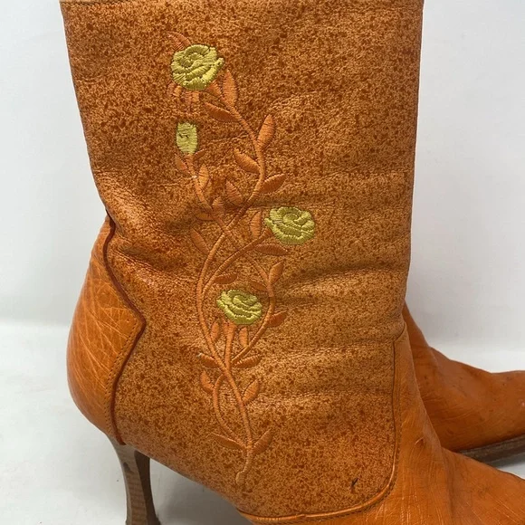 Lagarto Orange Yellow Embroidered Leather Point Toe Heeled Boots - Picture 4 of 12